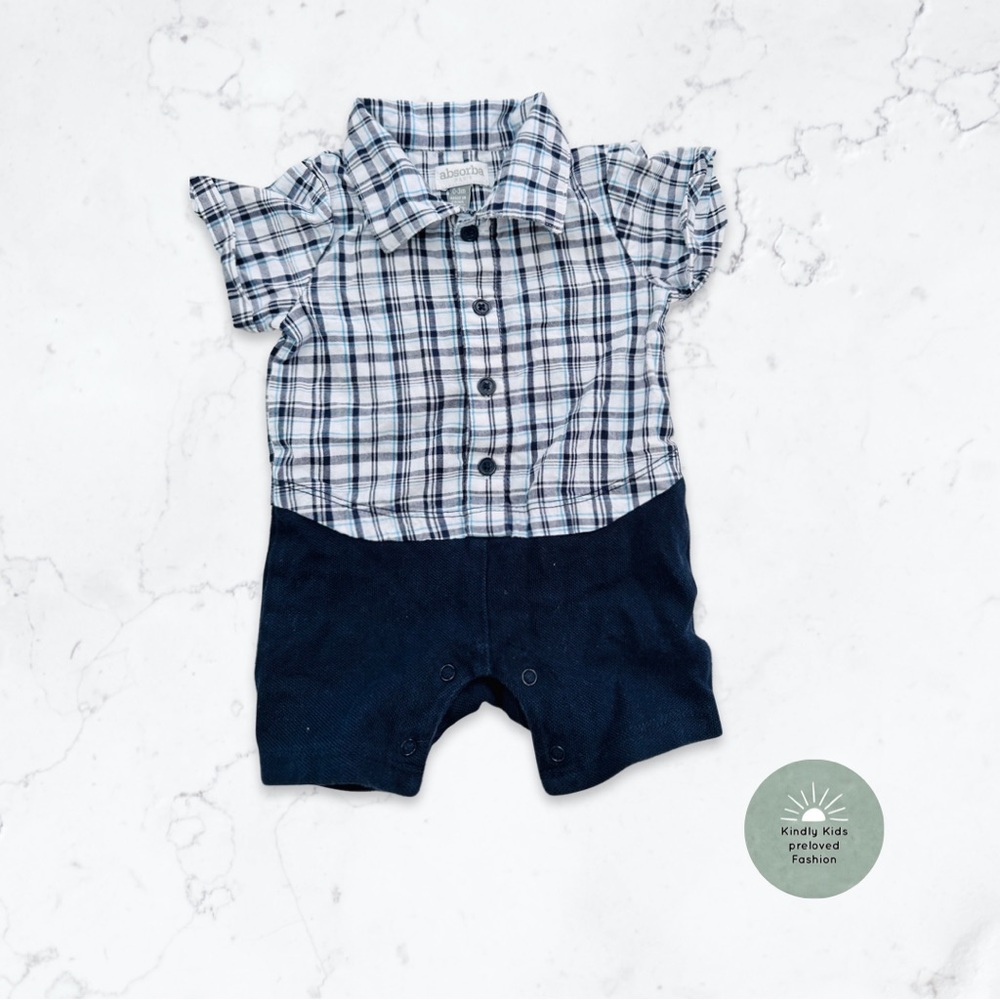 Absorba | size 0-3m EUC 
Blue shorts romper with attached plaid button down top.